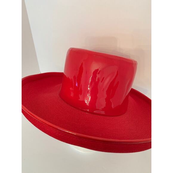 Small ( 6 3/4) Vintage Oleg Cassini Red Patent and Woven Hat Young America - Picture 4 of 6